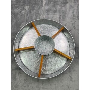 Galvanized Metal Divided Serving Tray - Wood Accents & Center Bowl 14" Farmhouse